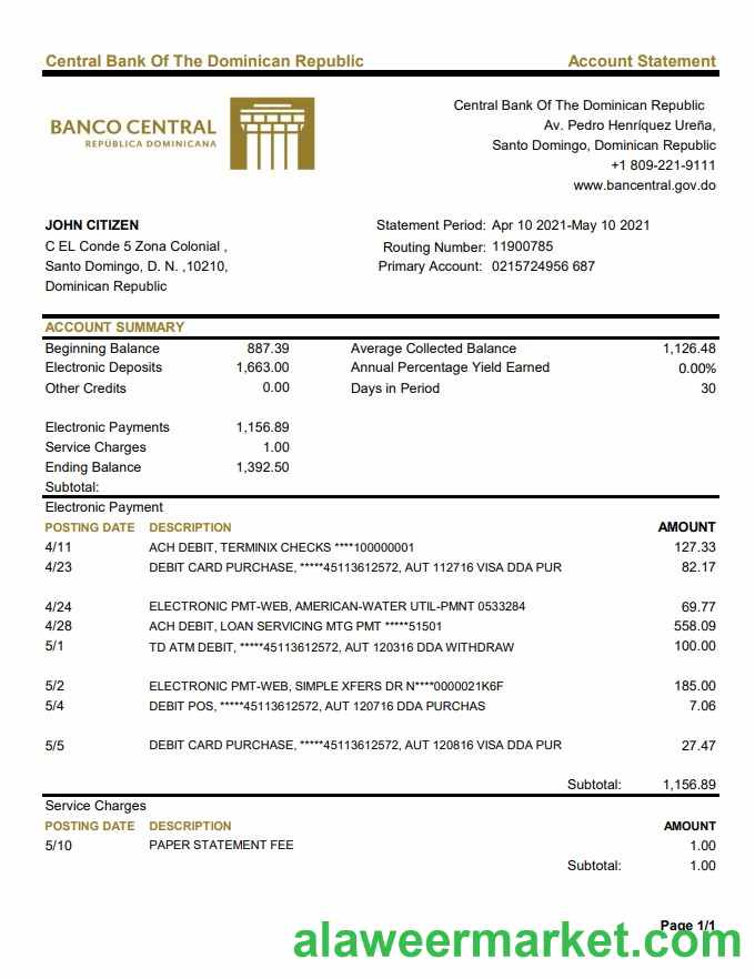 Dominican Republic Central Bank Of The Dominican Republic bank statement template in Excel and PDF format